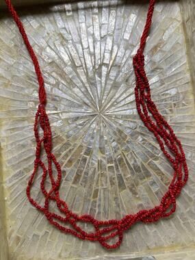 Boho Red Seed Bead Multi Strand Necklace 34” Long Twisted Statement